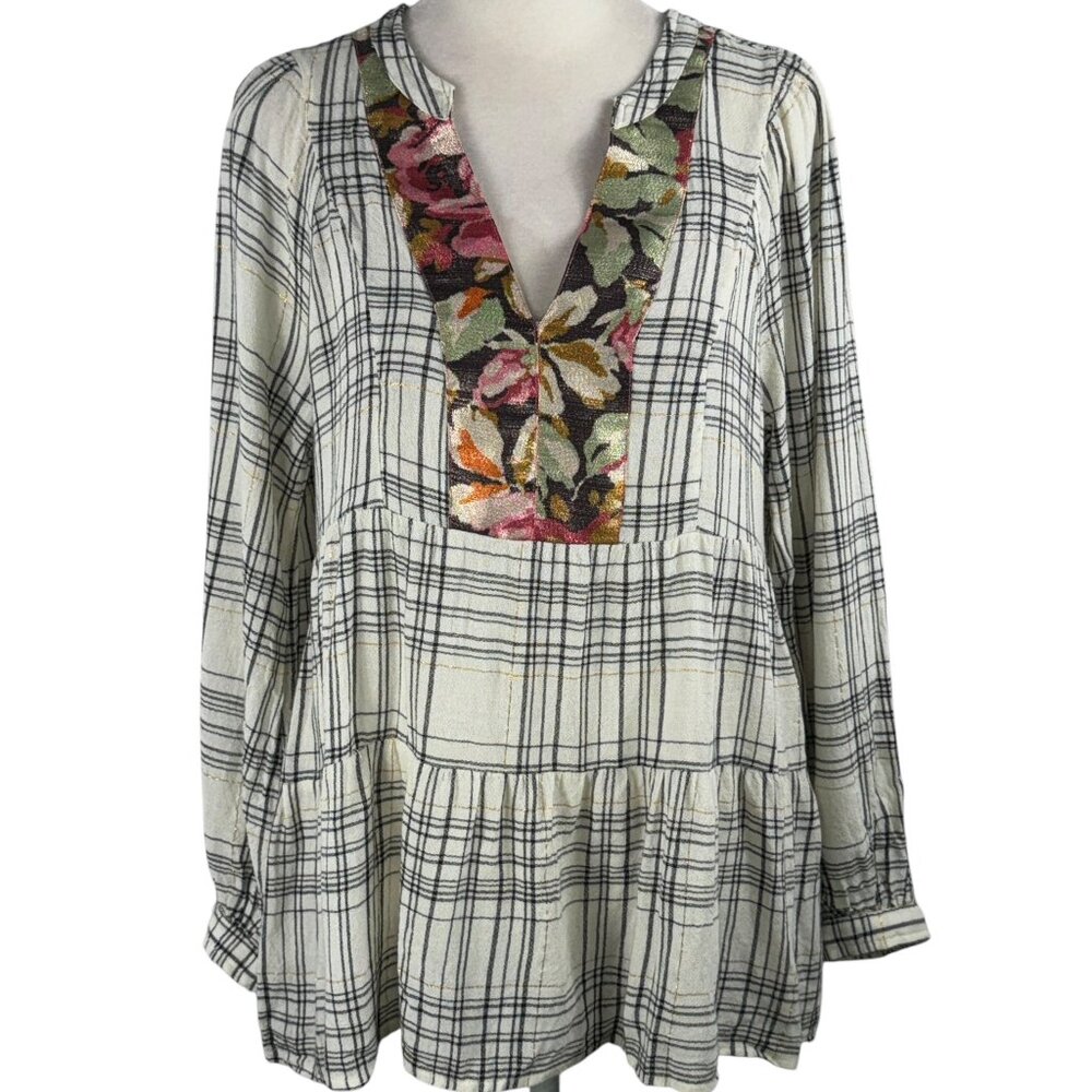Anthropologie Gold Cream Black Plaid Tunic Top with Floral Collar Detail…